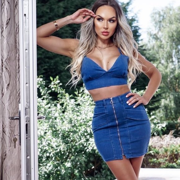 denim crop top and skirt set